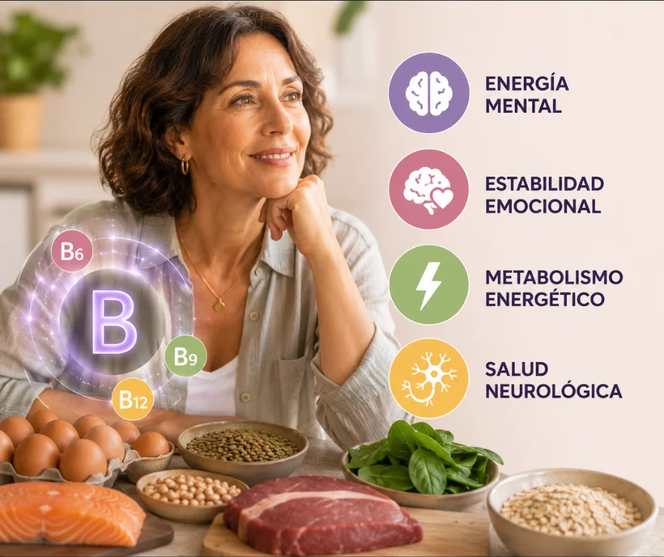 complejo B, especialmente B6, B9 y B12, son importantes para el metabolismo energético y el funcionamiento neurológico.