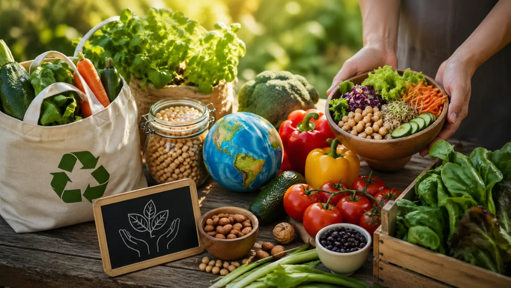 Alimentación sostenible con productos frescos y de temporada en entorno natural.